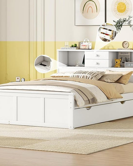 Full Size Wood Pltaform Trundle and 3 Drawers/Upper Shelves,Multifunctional Storage Bed Frame,W/a Set of USB Ports & Sockets,for Apartment,Bedroom,Living Room,White - LeafyLoom