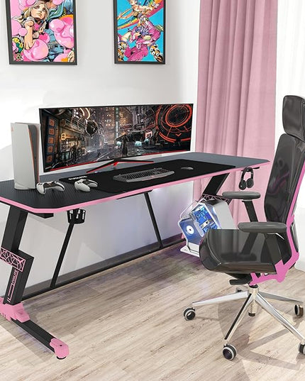 63 Inch Gaming Desk, with Carbon Fiber Surface, Lightning-Shaped PC Computer Table, with Headphone Holder, Cup Holder, Cable Management Box, Gaming Table for Gamer, Black&Pink - LeafyLoom