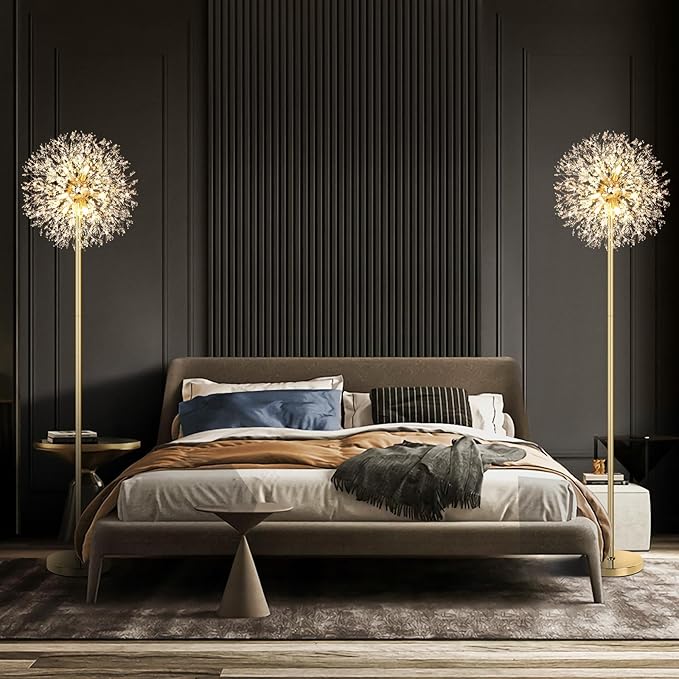 BesLowe 69'' Crystal Floor Lamp for Living Room, Modern Standing Lamp with 738PCS K9 Crystals, Tall Lamp Pole Light for Bedroom Office, Mid Century Gold Floor Lighting with 9 LED Bulbs, Antique Brass - LeafyLoom