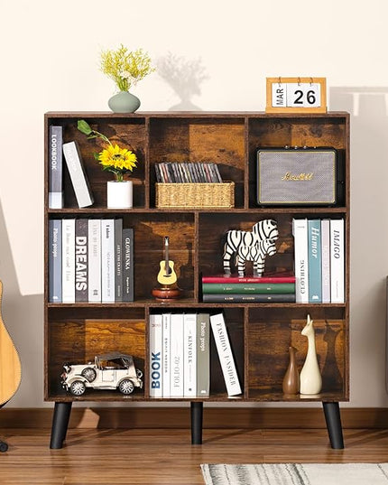 LEYAOYAO 8 Cube Bookshelf,3 Tier Bookcase with Legs,Rustic Brown Mid-Century Modern Bookshelves,Large Open Storage Organizer Shelf, Wooden Book Case - LeafyLoom