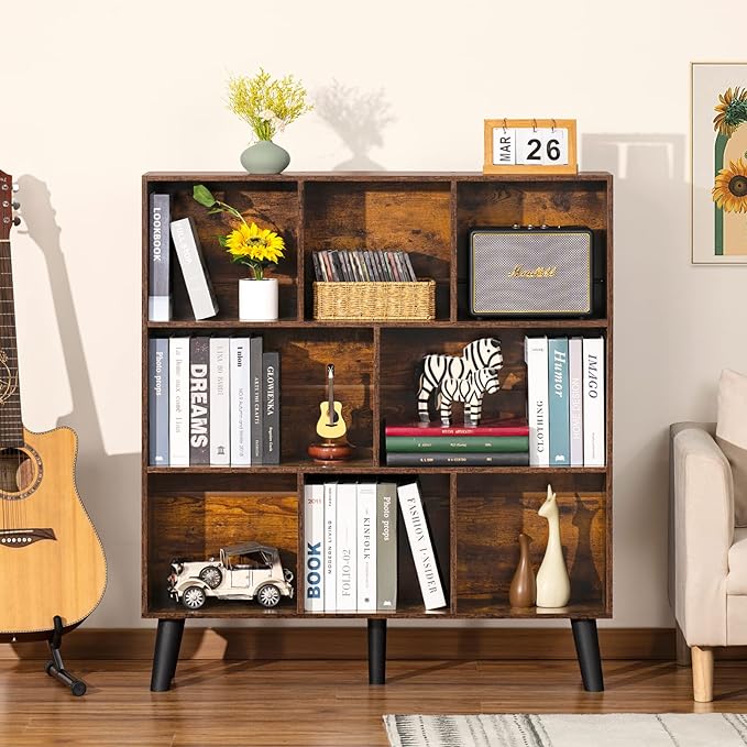 LEYAOYAO 8 Cube Bookshelf,3 Tier Bookcase with Legs,Rustic Brown Mid-Century Modern Bookshelves,Large Open Storage Organizer Shelf, Wooden Book Case - LeafyLoom