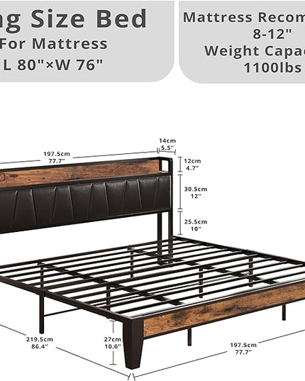 LIKIMIO King Bed Frame, Storage Headboard with Charging Station, Solid and Stable, Noise Free, No Box Spring Needed, Easy Assembly (Vintage and Black) - LeafyLoom