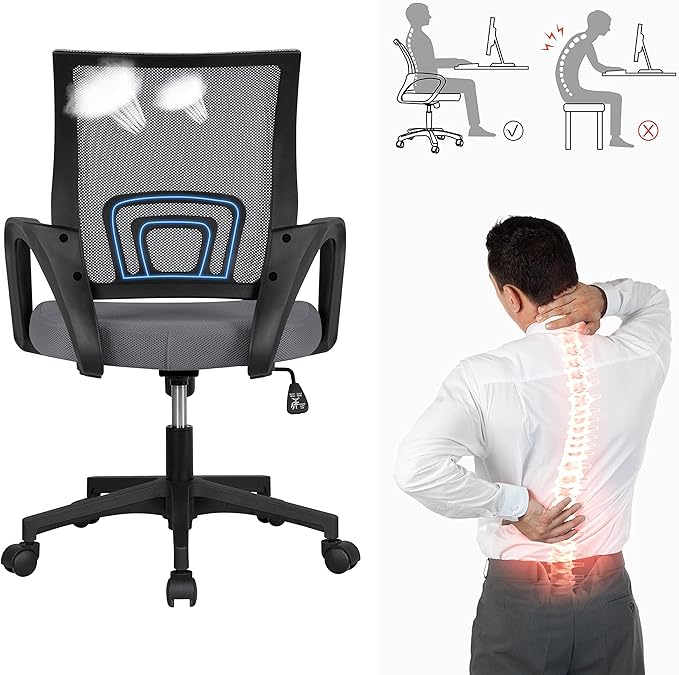 Yaheetech Office Chair Mid Back Executive Task Swivel Rolling Gaming Lumbar Support Modern Desk Computer Ergonomic Mesh Embody Chair Rolly Study Chair with Armrests, Dark Grey - LeafyLoom