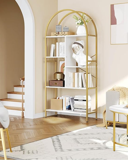 YITAHOME Gold Arched Bookshelf and Bookcase, 5 Tier Standing Book Shelf, Storage Display Rack Shelves for Bedroom Living Room Office,White&Gold - LeafyLoom