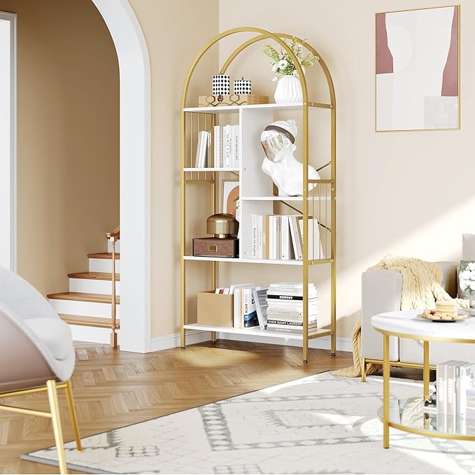 YITAHOME Gold Arched Bookshelf and Bookcase, 5 Tier Standing Book Shelf, Storage Display Rack Shelves for Bedroom Living Room Office,White&Gold - LeafyLoom