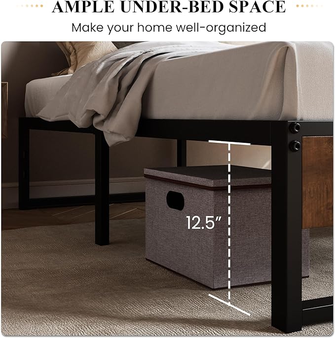 SHA CERLIN 14'' Queen Size Metal Platform Bed Frame with Rustic Wood & Reverse Holes/Ample Under-Bed Storage Space/Mattress Foundation/No Box Spring Needed/Easy Assembly - LeafyLoom