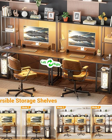 Cyclysio Gaming Desk with Hutch, 47'' Computer Desk with LED Lights & Power Outlets, Home Office Desk with Reversible 5 Tiers Storage Shelves & Monitor Stand, Small Gaming Table for Small Space, Black - LeafyLoom