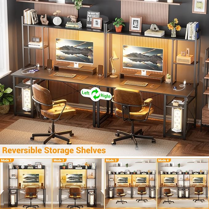 Cyclysio Gaming Desk with Hutch, 47'' Computer Desk with LED Lights & Power Outlets, Home Office Desk with Reversible 5 Tiers Storage Shelves & Monitor Stand, Small Gaming Table for Small Space, Black - LeafyLoom