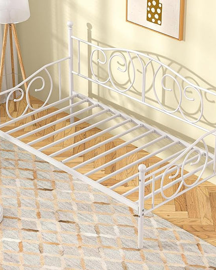 VECELO Twin Daybed Frame, Metal Day Bed with Classic Headboard, Multifunctional Platform Beds for Bedroom, Living Room, Guest Room, No Boxing Spring Needed, White - LeafyLoom