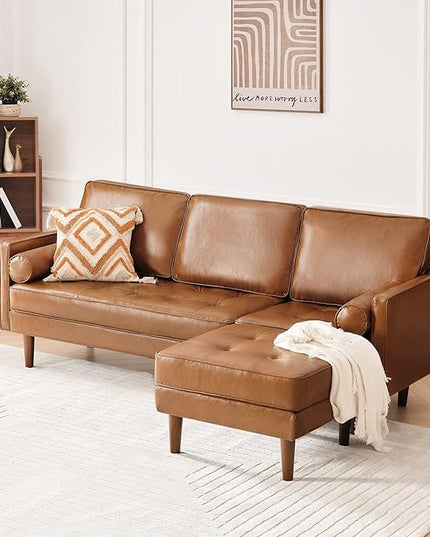 Vonanda Sectional Couch Sofa, L Shaped Couch Leather Sofa with Reversible Chaise and Bolster Pillows, Faux Leather Couch Small Couches for Living Room, Apartment and Small Space, Caramel - LeafyLoom