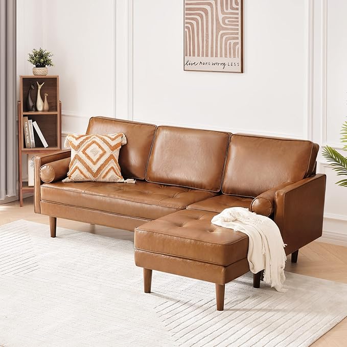 Vonanda Sectional Couch Sofa, L Shaped Couch Leather Sofa with Reversible Chaise and Bolster Pillows, Faux Leather Couch Small Couches for Living Room, Apartment and Small Space, Caramel - LeafyLoom