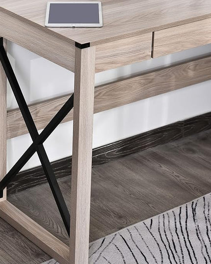 HOMCOM 44 inch Home Office Computer Desk, Rustic Writing Desk, Farmhouse Workstation with Storage Drawer, X-Frame - LeafyLoom