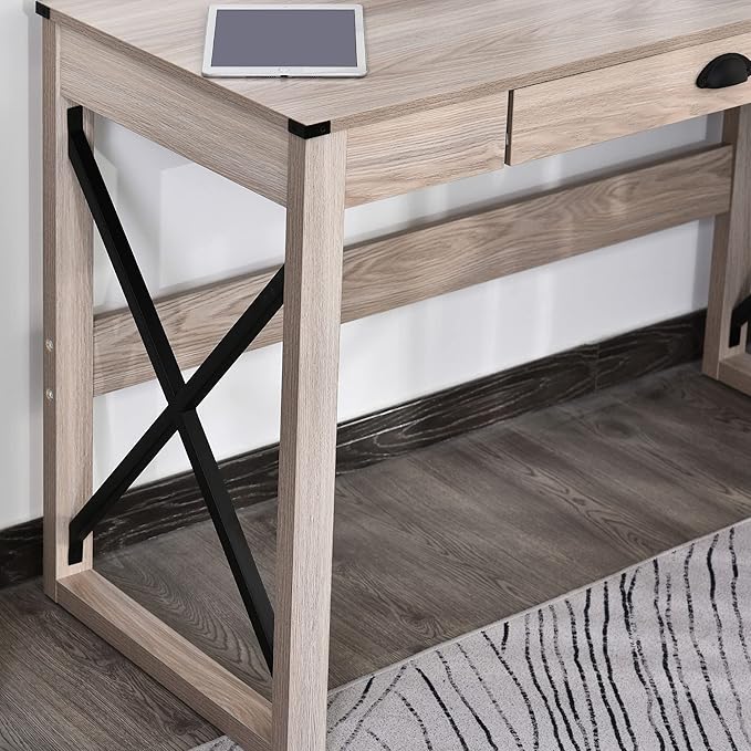 HOMCOM 44 inch Home Office Computer Desk, Rustic Writing Desk, Farmhouse Workstation with Storage Drawer, X-Frame - LeafyLoom