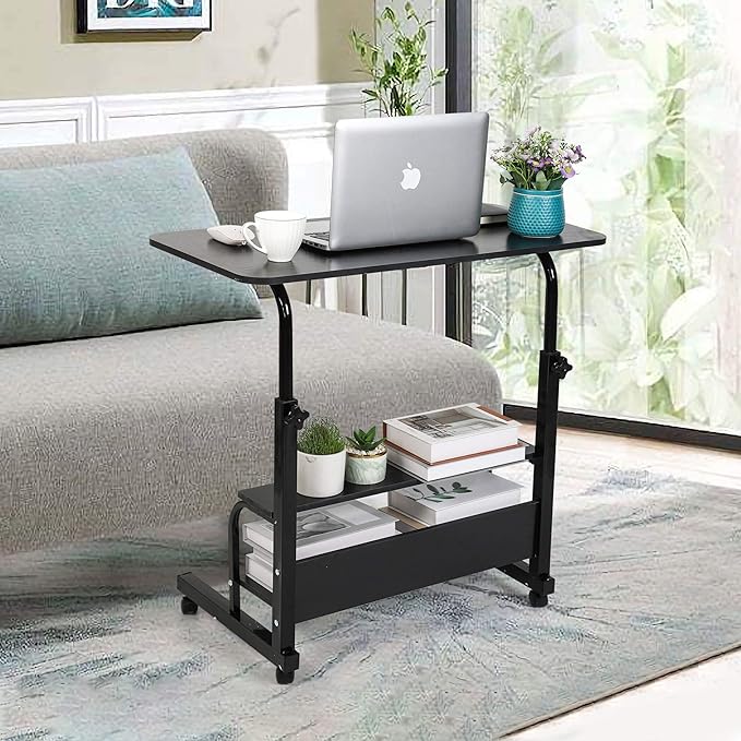 Adjustable Home Office Desk Portable Study Computer Rolling Desk for Small Spaces Movable Sofa Side Table on Wheels Student Small Laptop Desk with Storage Black Size 31x16 Inch - LeafyLoom