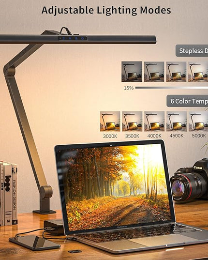 KableRika LED Desk Lamp with Clamp, 17W Super Bright Architect Swing Arm Desk Light for Home Office, Eye-Caring Task Table Lamp, Dimmable&6 Color Modes, Great Range of Motion for Office Lighting - LeafyLoom
