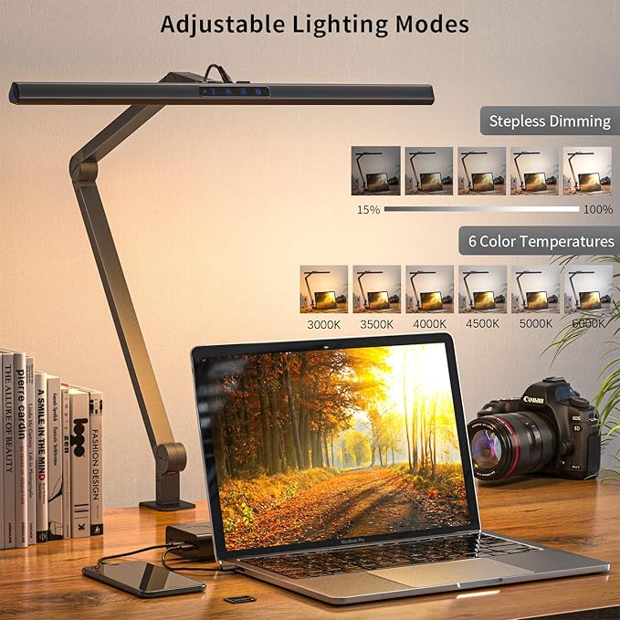 KableRika LED Desk Lamp with Clamp, 17W Super Bright Architect Swing Arm Desk Light for Home Office, Eye-Caring Task Table Lamp, Dimmable&6 Color Modes, Great Range of Motion for Office Lighting - LeafyLoom