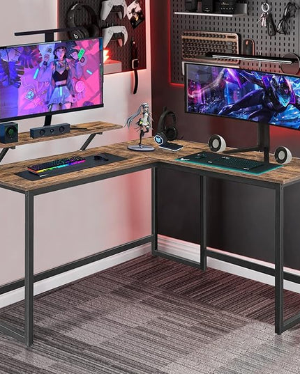 L Shape Computer Desk - Spacious 55 inch Corner Desk Home Office Desk Gaming Desk with Reversible Monitor Stand and Adjustable Feet, Easy Assembly, Rustic Brown - LeafyLoom