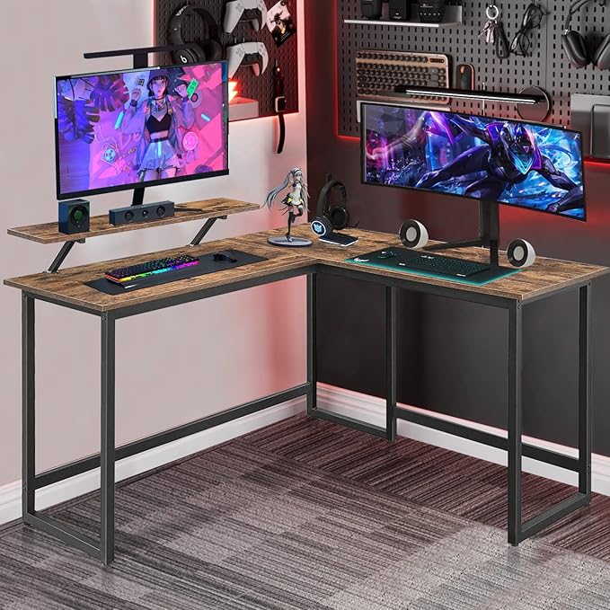 L Shape Computer Desk - Spacious 55 inch Corner Desk Home Office Desk Gaming Desk with Reversible Monitor Stand and Adjustable Feet, Easy Assembly, Rustic Brown - LeafyLoom