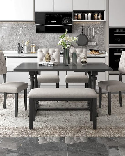 Dining Table Set for 6, 6-Piece Dining Table and Chair Set with Special-Shaped Legs and Foam-Covered Seat Backs & Cushions, Dining Room Table Set for Living Room, Grey+Beige - LeafyLoom