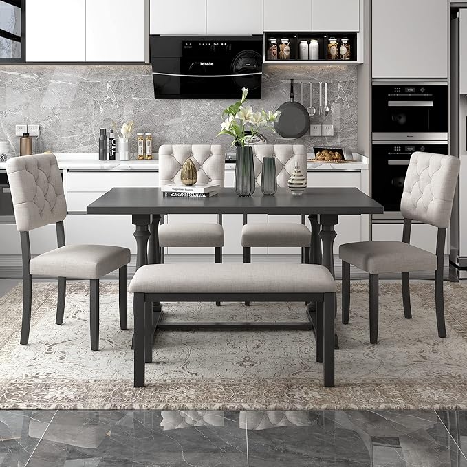 Dining Table Set for 6, 6-Piece Dining Table and Chair Set with Special-Shaped Legs and Foam-Covered Seat Backs & Cushions, Dining Room Table Set for Living Room, Grey+Beige - LeafyLoom