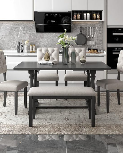 6-Piece Dining, Vintage-Inspired Solid Kitchen Set-Rectangular Wood Table, 4 Chairs, 1 Bench with Distinctive Legs & Comfortable Foam-Covered Seats, Gray - LeafyLoom