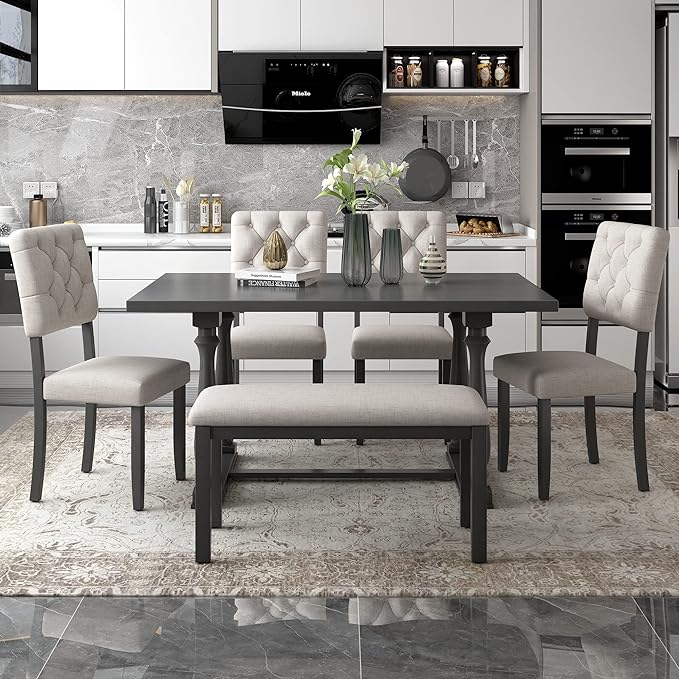 6-Piece Dining, Vintage-Inspired Solid Kitchen Set-Rectangular Wood Table, 4 Chairs, 1 Bench with Distinctive Legs & Comfortable Foam-Covered Seats, Gray - LeafyLoom