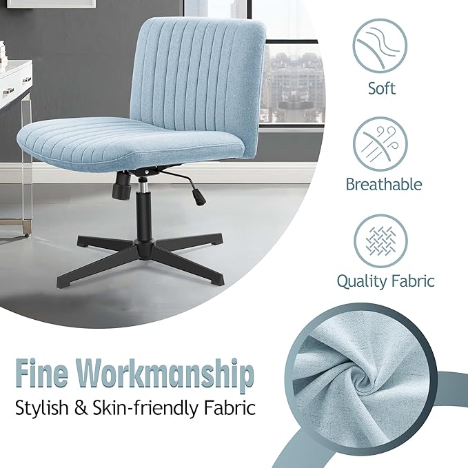 Armless Office Chair no Wheels, Ergonomic Wide Seat Swivel Desk Chair, Height Adjustable Cross Legged Comfortable Computer Chair for Living Room, Vanity Accent Chair LightBlue - LeafyLoom