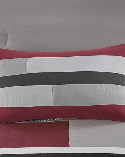 Mi Zone Cozy Comforter Set Geometric Stripes Vibrant Color Design All Season Bedding Matching Shams, Decorative Pillow, Full/Queen, Red/Grey, 4 Piece - LeafyLoom