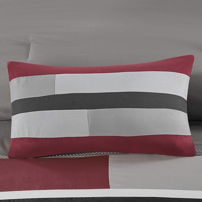Mi Zone Cozy Comforter Set Geometric Stripes Vibrant Color Design All Season Bedding Matching Shams, Decorative Pillow, Full/Queen, Red/Grey, 4 Piece - LeafyLoom