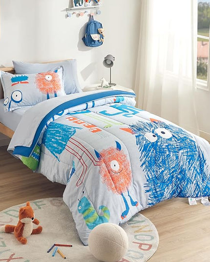 SLEEP ZONE Kids Twin Bedding Comforter Set - Super Cute & Soft Kids Bedding 5 Pieces Set with Comforter, Sheet, Pillowcase & Sham (Monster) - LeafyLoom