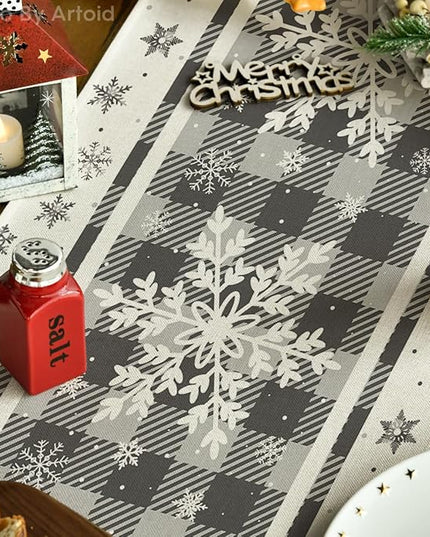 Artoid Mode Grey Buffalo Plaid Snowflakes Christmas Table Runner, Seasonal Winter Kitchen Dining Table Decoration for Home Party Decor 13x72 Inch ArtoidMode