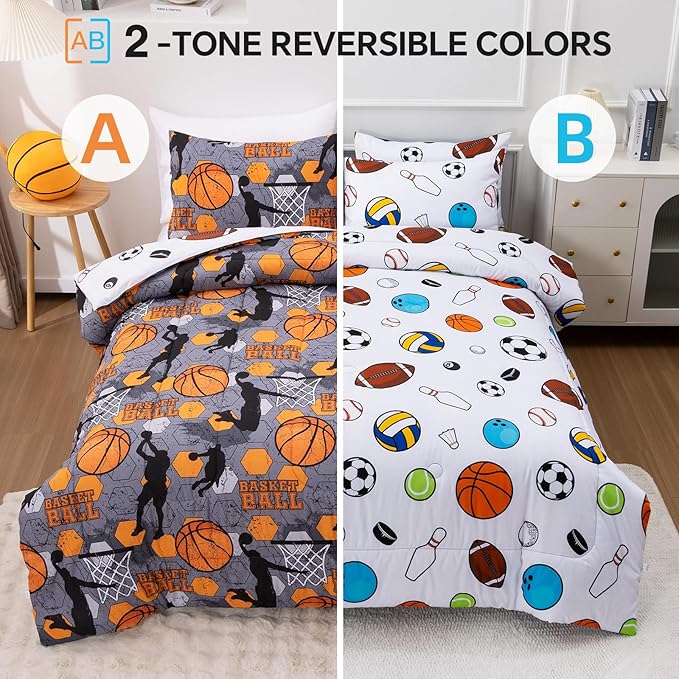 Btargot 3 Piece Grey Geometric Basketball Comforter Set Twin for Boys Teens, 3D Sports Bedding,Soft Microfiber Reversible Quilt with 2 Matching Pillow Shams, Yellow - LeafyLoom