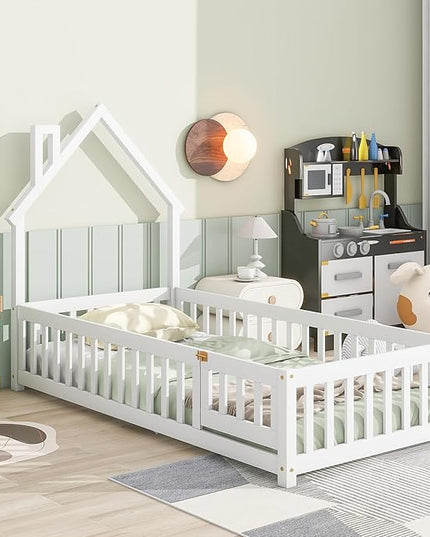 Twin Size Kids Montessori Floor Bed,House-Shaped Headboard Floor Bed for Kids,Floor Bed with Fence and Door,House Bed Twin Frame for Girls,Boys(Twin,White) - LeafyLoom