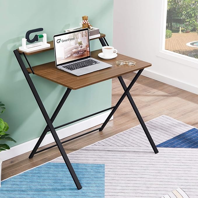 GreenForest Folding Desk No Assembly Required Small Size, 2-Tier Foldable Computer Desk with Shelf for Home Office, Space Saving Portable Laptop Study Foldable Table for Small Spaces, Espresso - LeafyLoom