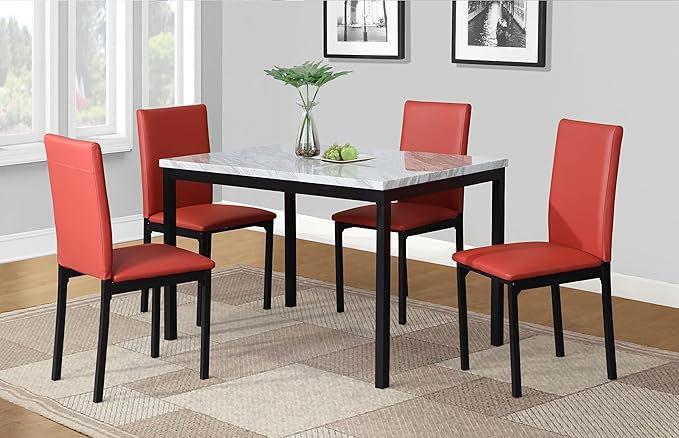 Roundhill Furniture 5 Piece Citico Metal Dinette Set with Laminated Faux Marble Top, Red Chair - LeafyLoom
