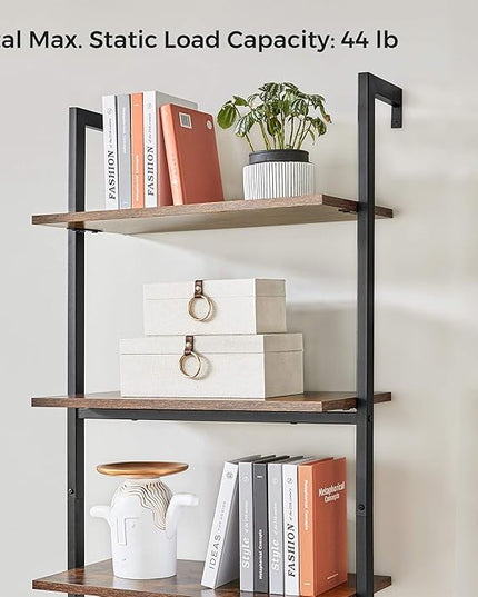VASAGLE Industrial Ladder Shelf, 5-Tier Bookshelf, Wood Wall Mounted Shelf, Storage Rack Display Shelves for Living Room, Home Office, 23.6 x 11.8 x 67.7 Inches, Rustic Brown and Black ULLS102B01 - LeafyLoom