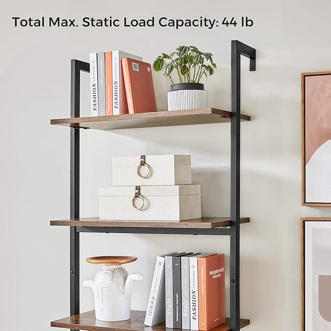VASAGLE Industrial Ladder Shelf, 5-Tier Bookshelf, Wood Wall Mounted Shelf, Storage Rack Display Shelves for Living Room, Home Office, 23.6 x 11.8 x 67.7 Inches, Rustic Brown and Black ULLS102B01 - LeafyLoom