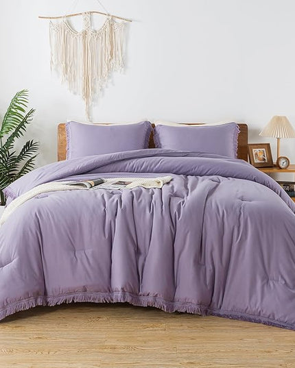Andency Grayish Lavender Purple Comforter Set Queen, Boho Tassel Lightweight Bedding Comforter Sets, 3 Pieces All Season Soft Fluffy Fringe Bed Set (90x90In Comforter & 2 Pillowcases) - LeafyLoom