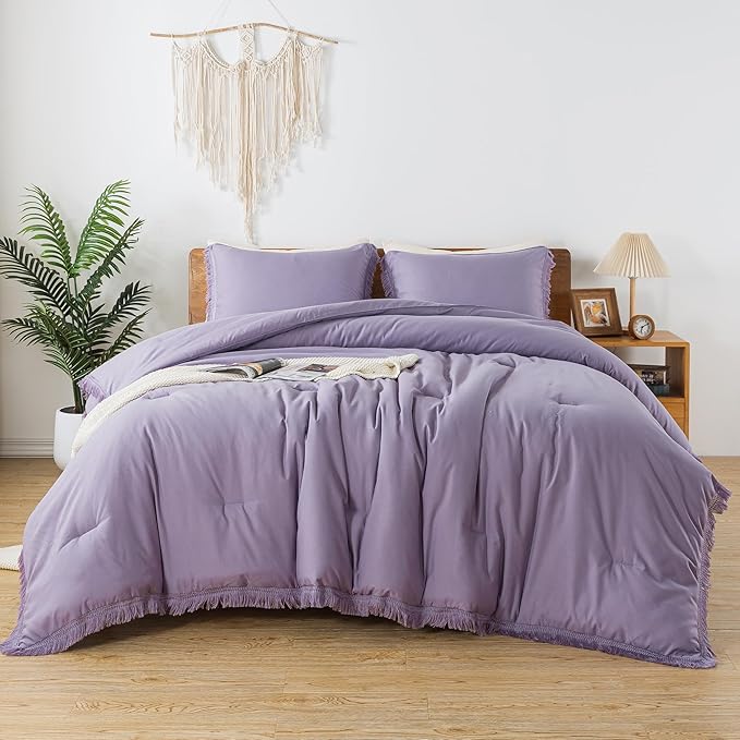 Andency Grayish Lavender Purple Comforter Set Queen, Boho Tassel Lightweight Bedding Comforter Sets, 3 Pieces All Season Soft Fluffy Fringe Bed Set (90x90In Comforter & 2 Pillowcases) - LeafyLoom