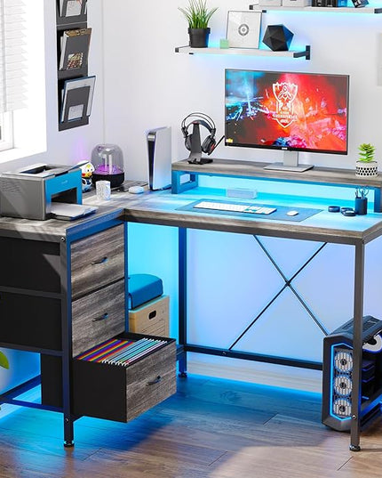 L Shaped Desk with Power Outlets & LED Lights, Computer Desk with Drawers & Shelves, Corner Desk Gaming Desk Home Office Desk, Oak - LeafyLoom