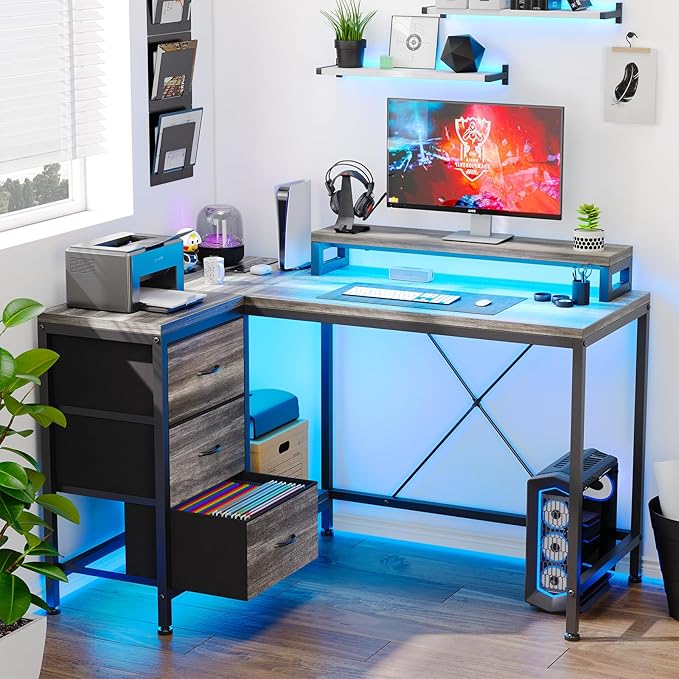 L Shaped Desk with Power Outlets & LED Lights, Computer Desk with Drawers & Shelves, Corner Desk Gaming Desk Home Office Desk, Oak - LeafyLoom