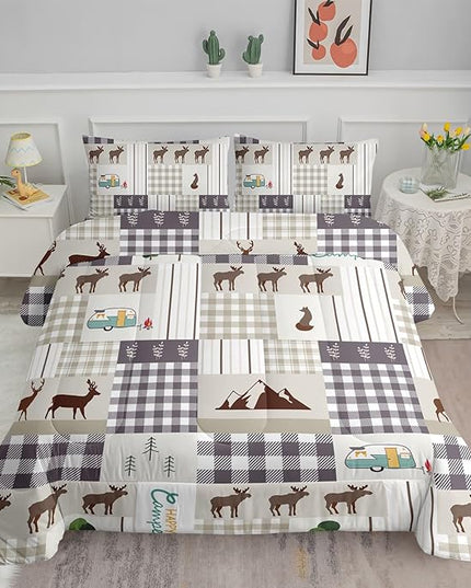 Datura home Happy Camper Comforter Set Rustic Lodge and Camper Deer Printed Quilt Bedding Set with 1 Comforter and 2 Pillowcases for Boys and Girls Bedroom All Season(Camper Twin) - LeafyLoom