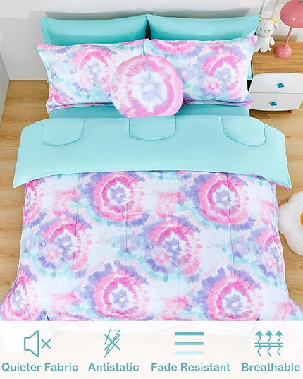 Mooreeke Tie Dye Kids Comforter Bed Set Full Size for s Girls, 8 Pieces Bed in a Bag with Shams, Sheet Set, A Toy Pillow Dark Pink Round Flower Full Soft Microfiber Kids Comforter Bedding Set - LeafyLoom