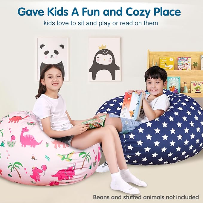Lukeight Stuffed Animal Storage Bean Bag Chair Cover for Kids, Zipper Beanbag Chair Cover for Organizing Toddler & Kids' Rooms Plush Toys (Stars Navy Velvet, X-Large) - LeafyLoom
