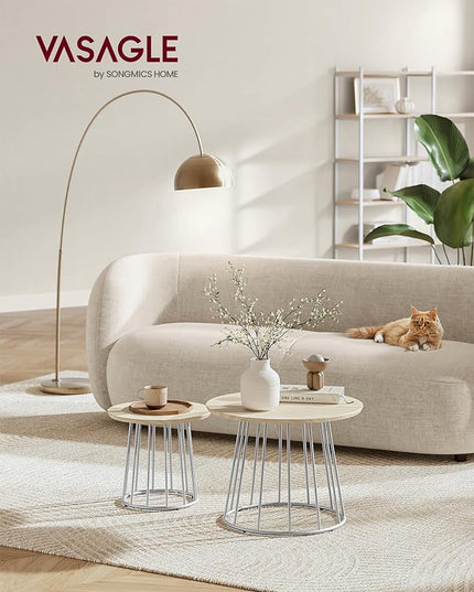 VASAGLE Round Coffee Tables, Set of 2, Modern Circle Side Tables with Steel Frame, for Living Room, Bedroom, Natural Beige ULCT045K67 - LeafyLoom