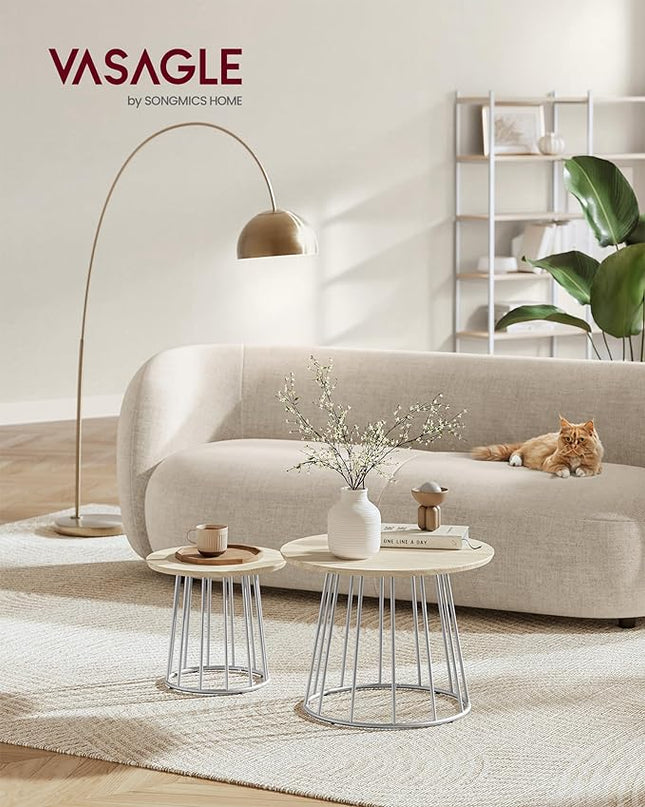 VASAGLE Round Coffee Tables, Set of 2, Modern Circle Side Tables with Steel Frame, for Living Room, Bedroom, Natural Beige ULCT045K67 - LeafyLoom