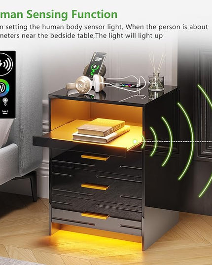 HNEBC RGB LED Nightstand with Wireless Charging Station, Smart Night Stand with 3 Drawers and Sliding Tray, Modern Bedside Table for Bedroom Furniture, High Gloss End Sofa Tables (B Black) - LeafyLoom
