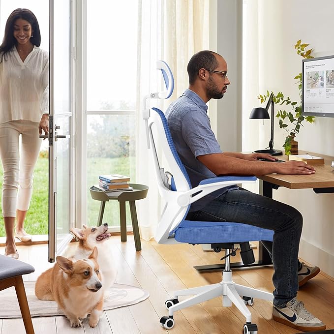 Office Chair with 350LBS Capacity,Ergonomic Comfy Home Desk Chair,High Back Gaming Chair with Wheels,Mesh Computer Chair,Lumbar Support, Adjustable Headrest,Flip-up Armrest - LeafyLoom