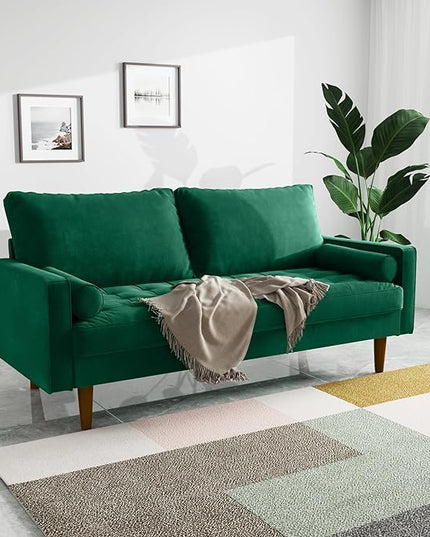 Velvet Furniture for Small Spaces, Mid-Century Modern Loveseats for Living Room, Love Seat Couch Sofas, 70 Inches, Green - LeafyLoom
