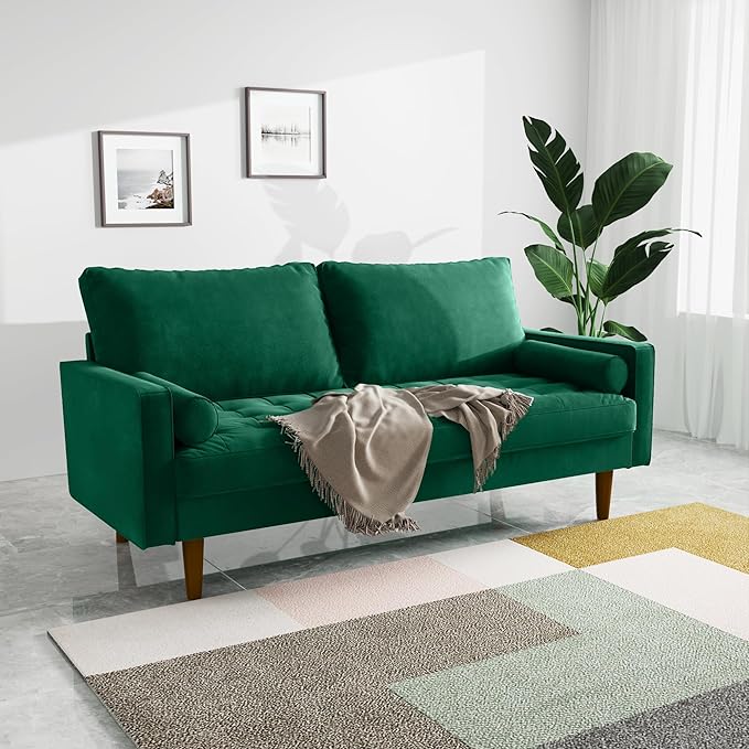 Velvet Furniture for Small Spaces, Mid-Century Modern Loveseats for Living Room, Love Seat Couch Sofas, 70 Inches, Green - LeafyLoom